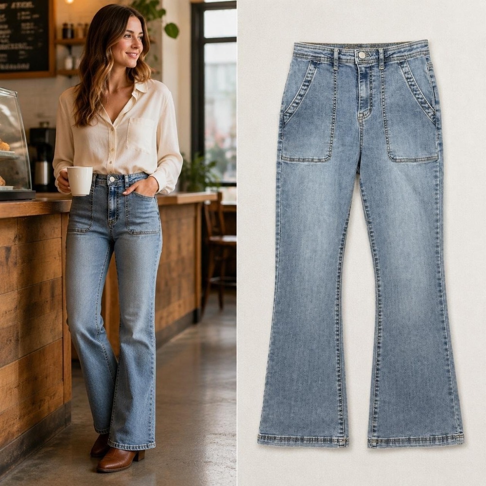 Knox Rose Women's 10 Light Wash High Rise Flare Jeans Patch Pockets Boho Western